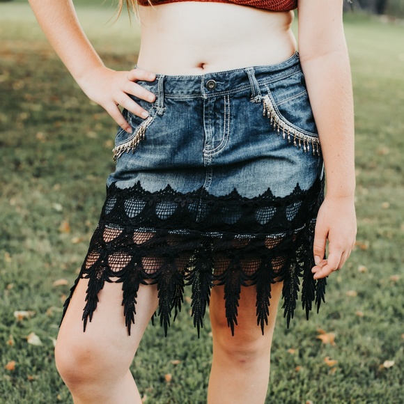 OOAK Upcycle Denim Skirt Hand Beaded Lace Flounce - Picture 1 of 8